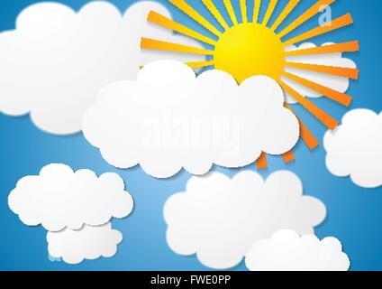 Bright cloudscape with sun. Vector white clouds on blue sky with sunshine. Nature graphic design illustration with clouds and su Stock Vector