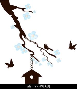 vector illustration of a blossom branch with birds Stock Vector