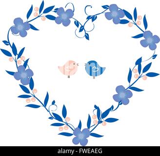 vector illustration of vintage wreath heart with flowers and birds Stock Vector