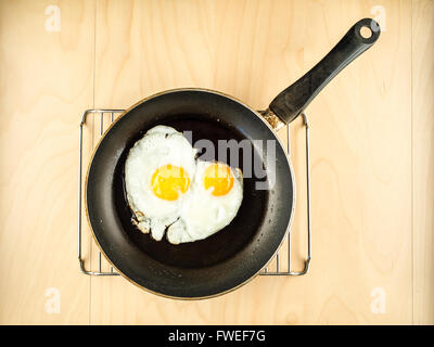 Two fried eggs on the black pan, simple top view Stock Photo