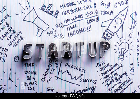 Start up sign on paper background with handwritten notes Stock Photo