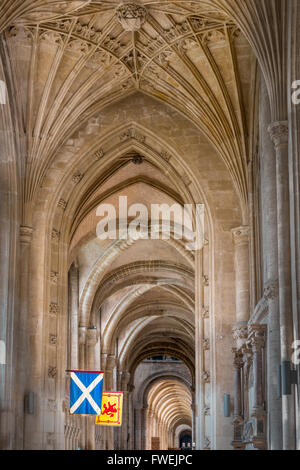 Scottish flags next to the former tomb of Mary Stewart, queen of Scots (executed by Elizabeth I in 1587) at Peterborough. Stock Photo