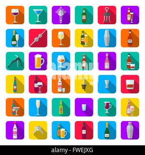 vector colorful flat design long shadows various alcohol bottles glasses and barmen equipment rounded square icon set isolated o Stock Vector
