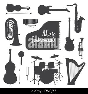 vector black color various music instruments silhouettes set isolated on white background Stock Vector