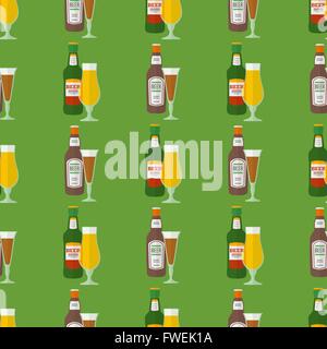 vector colored flat design light and dark beer bottles glasses seamless pattern on green background Stock Vector