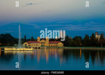 Lake in City Park, Denver, Colorado at dawn with fountain flowing Stock Photo