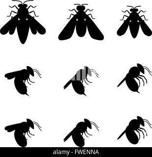 Bee icons in silhouette, Top and side view, vector Stock Vector