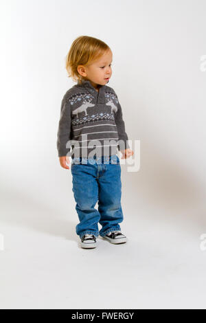 A young boy in a sweater in the studio for a portrait against a white background. Stock Photo
