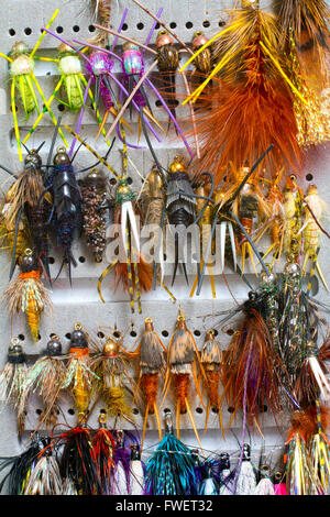 Nymphs and streamers are in this fly fishing box showing the variety of flies used to catch fish in this recreational pursuit. Stock Photo