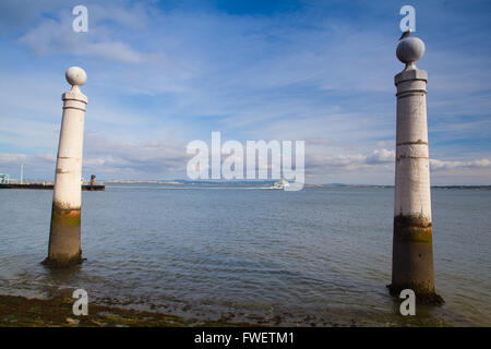 Famous Columns Wharf (Cais das Colunas) at Commerce Square, Lisbon, Portugal Stock Photo