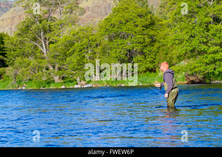 An experienced fly fisherman wades in the water while fly fishing the Deschutes River in Oregon. Stock Photo