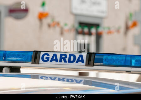 Blue lights on top of a Garda police car in Ireland. Stock Photo