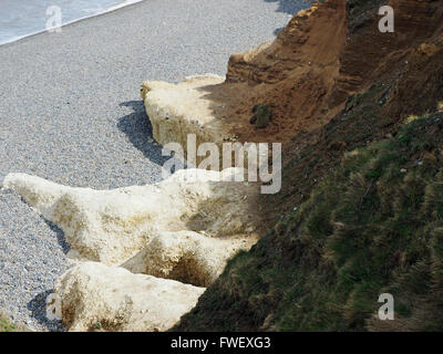 Marine erosion of soft boulder clay cliffs near Weybourne, Norfolk exposing chalk bedrock as a wave-cut platform. Stock Photo