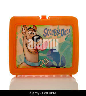 Winneconne, WI - 3 April 2016: Plastic lunch box from the 1980's featuring Scooby-Doo on an isolated background. Stock Photo