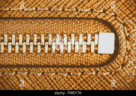 Retro Zipper Closeup On Brown Leather Wallet Stock Photo