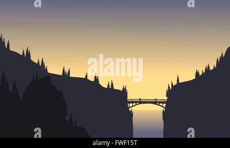 Silhouette of bridge connecting two cliffs Stock Vector