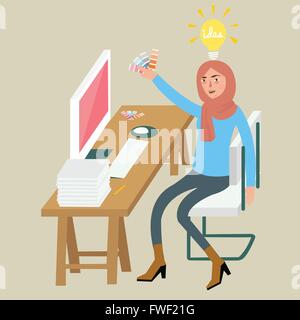woman female graphic designer creative idea on computer select color combination wearing veil desk table sitting chair Stock Vector