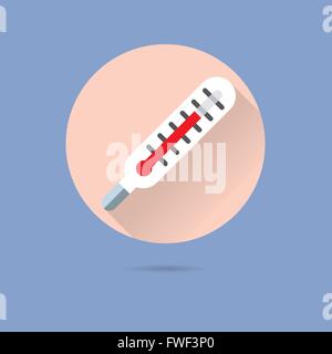 fever thermometer flat design long shadow vector icon in circle on pastel blue background Stock Vector