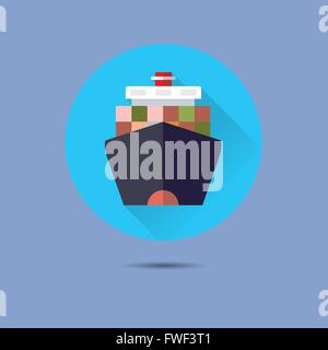 container ship flat design long shadow vector icon in circle on pastel blue background Stock Vector