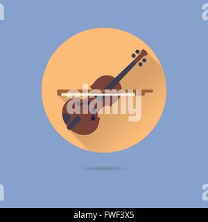 violin and bow flat design long shadow vector icon in circle on pastel blue background Stock Vector