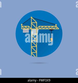 construction crane flat design long shadow vector icon in circle on pastel blue background Stock Vector