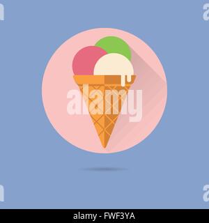 ice cream cone flat design long shadow vector icon in circle on pastel blue background Stock Vector