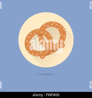 pretzel flat design long shadow vector icon in circle on pastel blue background Stock Vector
