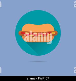 hot dog flat design long shadow vector icon in circle on pastel blue background Stock Vector