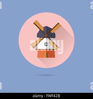 windmill flat design long shadow vector icon in circle on pastel blue background Stock Vector