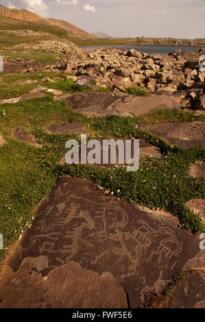 Ughtasar is the site of an important archaeological find with a large petroglyph field on top of Mt. Ughtasar. Stock Photo