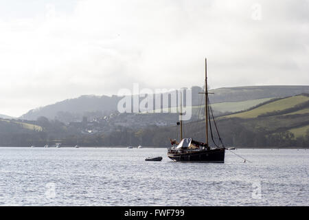 sailing on the river dart,sailing on the river dart, boats at stoke gabriel with dittisham in the background, River Dart estuary Stock Photo