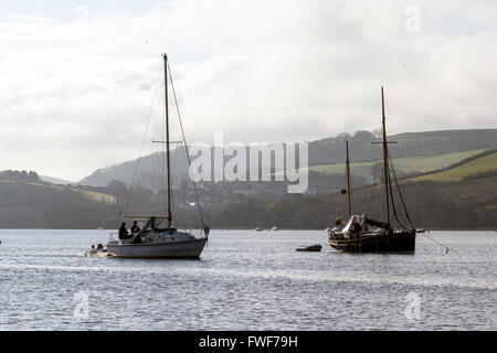 sailing on the river dart, boats at stoke gabriel pontoon, River Dart estuary and Dittisham. Stock Photo