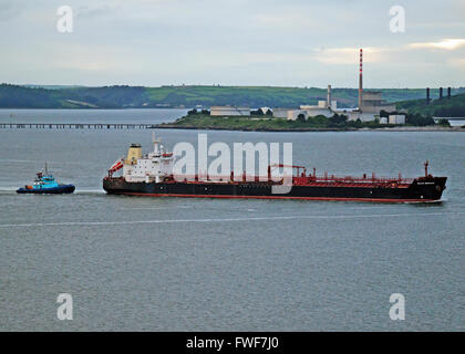 Crude oil tanker Baltic Merchant sails from Whitegate Oil Terminal, Co Cork, Ireland assisted by refinery tug Alex.