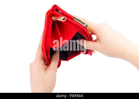 Female hands with an empty wallet on white background Stock Photo - Alamy
