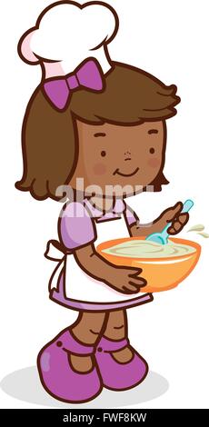 A little girl wearing a chef uniform, holding a bowl and cooking . Stock Vector