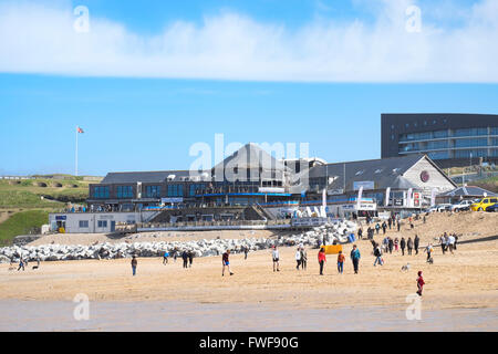 The surf centre cafe and shops overlooking Fistral beach, Newquay, Cornwall, England, UK Stock Photo