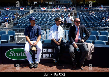 San Diego, CA, USA. 4th Apr, 2016.  PADRES vs. DODGERS.Padres General Manager, A. J. Preller sits just off the field during batting practice at Petco Park in San Diego. Today's game is the Padres home opener game against the Los Angeles Dodgers. Credit:  ZUMA Press Inc/Alamy Live News Stock Photo