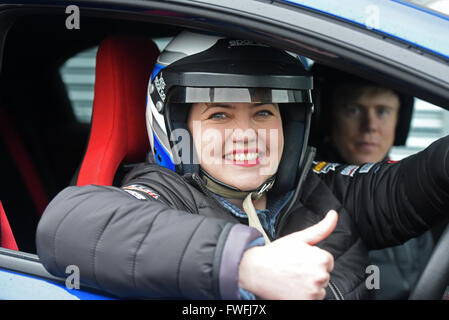 Knockhill, Scotland, UK. 5th April, 2016. Scottish Conservative leader Ruth Davidson poses for photographs at Knockhill Racing Circuit in Fife, as she seeks to highlight concerns over the state of roads in Scotland during the Scottish Parliament election campaign, Credit:  Ken Jack / Alamy Live News Stock Photo