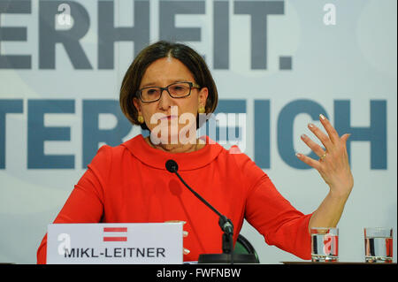 Vienna, Austria. 5th Apr, 2016. Austrian Interior Minister Johanna Mikl-Leitner addresses a press conference in Vienna, Austria, April 5, 2016. Government officials of Austria, Germany, Liechtenstein, Luxembourg and Switzerland held a meeting in Vienna on Tuesday to discuss issues related to refugees. © Qian Yi/Xinhua/Alamy Live News Stock Photo