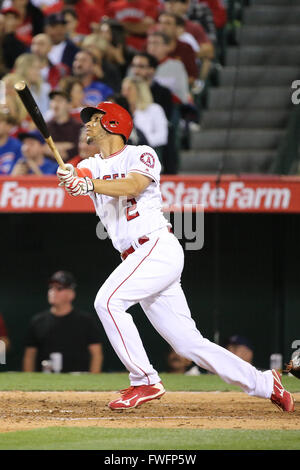 Anaheim, California, USA. 5th April, 2016. April 5, 2016: Los Angeles Angels shortstop Andrelton Simmons #2 follows his shot in the game between the Chicago Cubs and Los Angeles Angels of Anaheim, Angel Stadium in Anaheim, CA, Photographer: Peter Joneleit Credit:  Cal Sport Media/Alamy Live News Stock Photo