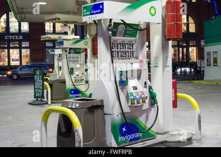 The BP gas station on Houston Street in Soho is seen on Tuesday, March 29, 2016. The gasoline provider will be closing on April 14 to make for a for an office building with retail.  (© Richard B. Levine) Stock Photo