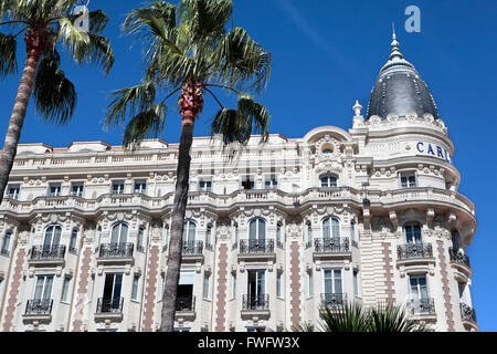 Front and corner view of the facade and dome of the famous Carlton International Hotel in Cannes