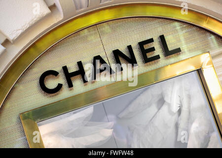 Chanel sign with part of window display situated in the shopping area of the Grand Casino, Monte Carlo Stock Photo