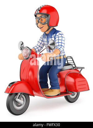 3d young people. Teenager riding a scooter motorcycle. Isolated white background. Stock Photo