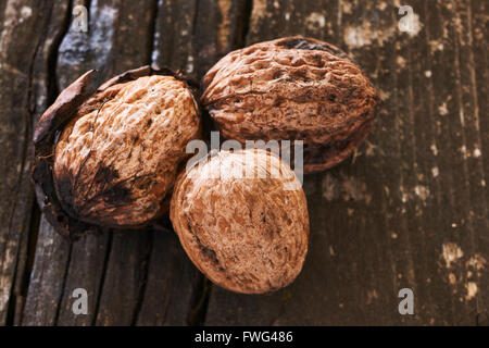 Three delicious freshly harvested nuts on an old wooden table Stock Photo
