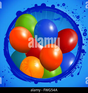Colorful Balloons Coming Out From a Grunge Circle Over Blue Background Stock Photo