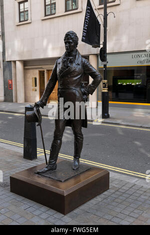 A bronze sculpture of George Bryan Brummell known as Beau Brummell by Irena Sedlecka in Jermyn Street, London, United Kingdom. Stock Photo