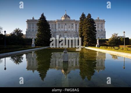 A colour image taken in the morning sun of the Royal Palace of Madrid Stock Photo