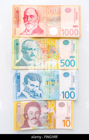 A close up of different Serbian dinar bills arranged on white background. Stock Photo