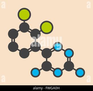 Lamotrigine seizures drug molecule Used in treatment of epilepsy and bipolar disorder Stylized skeletal formula (chemical Stock Photo